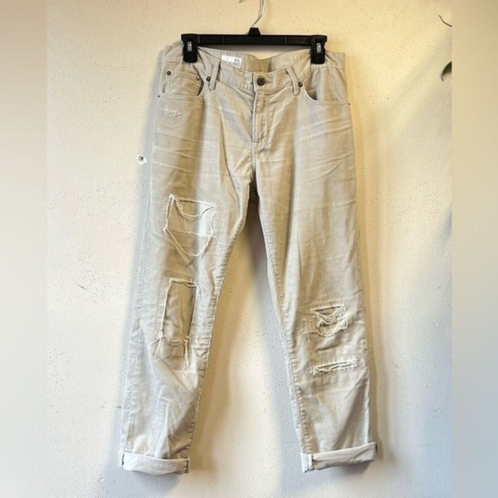 Gap 1969 Sexy Boyfriend Corduroy Distressed Ripped Pants Beige Tan EUC Sz 27r